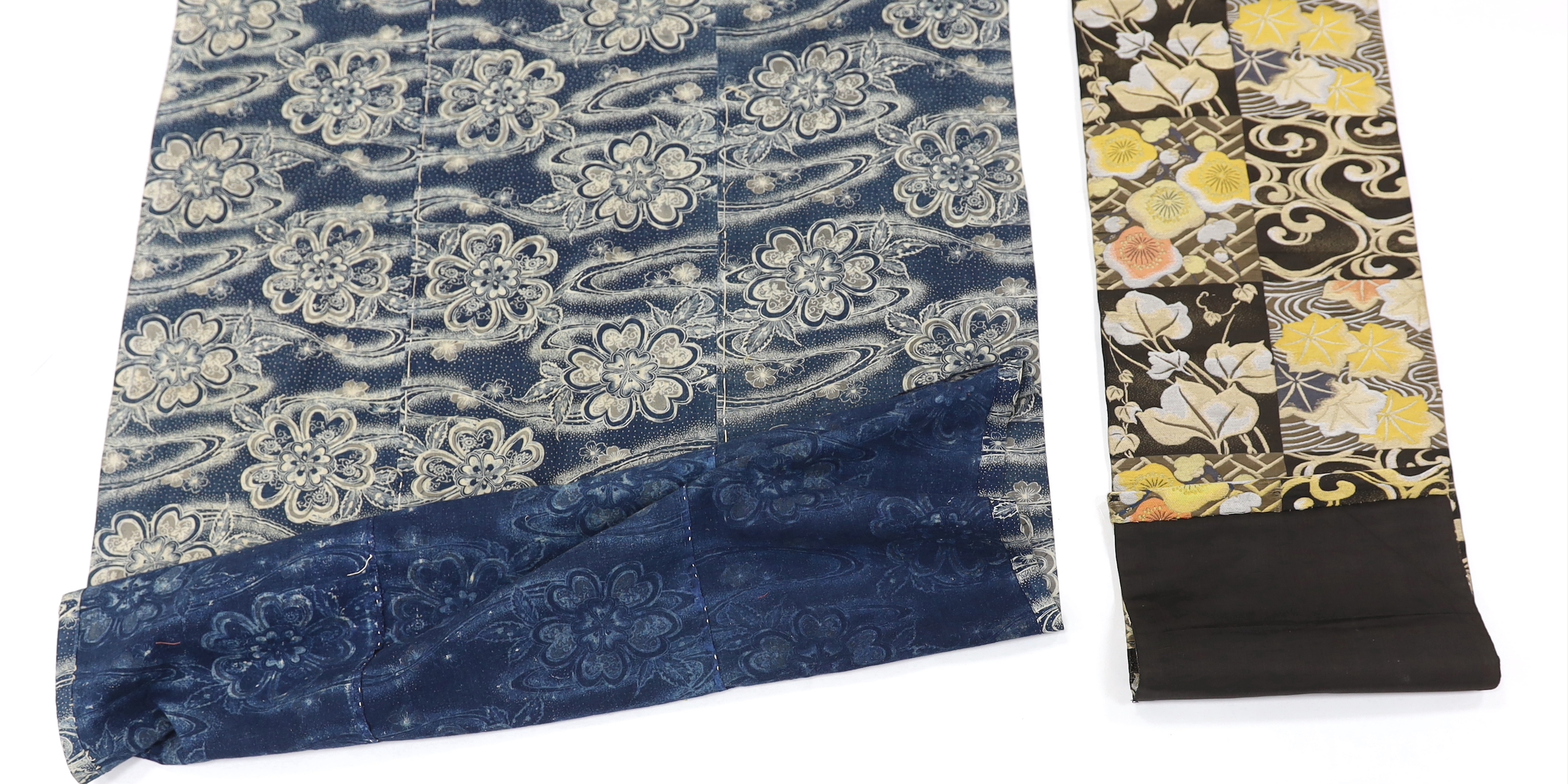A Japanese blue-printed banner and part of a Japanese silk brocade Obi converted to a hanging, Obi 110cm long, (2)